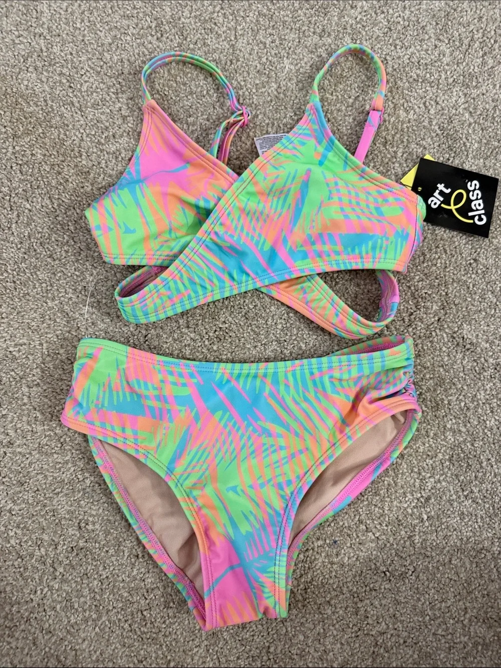 NWT Girls Palm Print Bikini Set - Multi Color Size Medium 8
